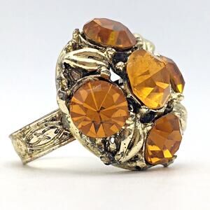 Vintage Faceted Glass Faux Citrine Adjustable Statement Cocktail Ring Engraved